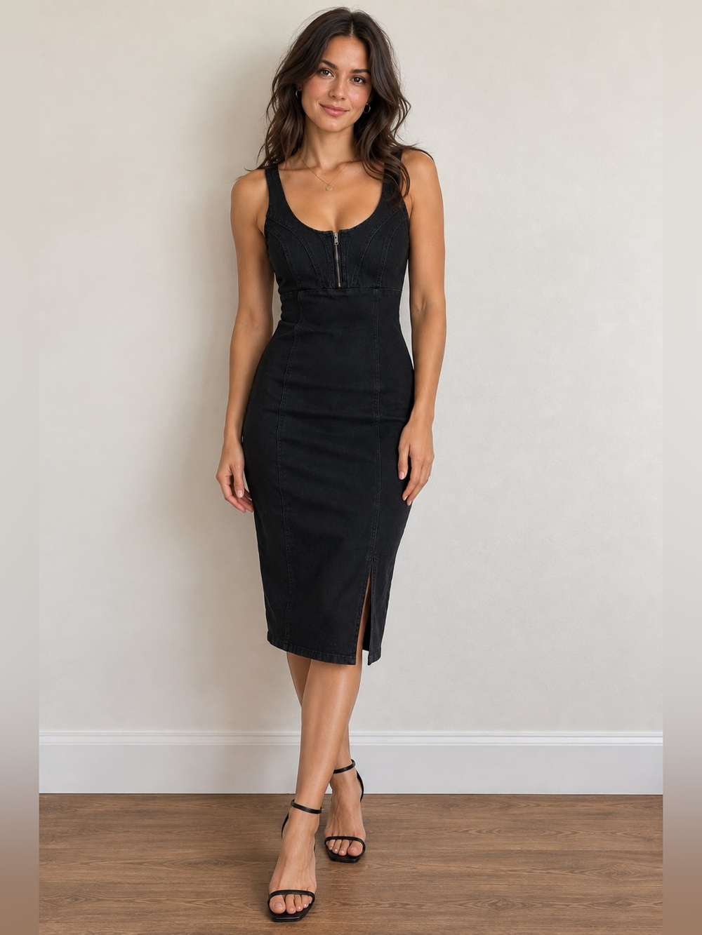 Black Denim Corset Bodycon Midi Dress Adjustable Straps Size L